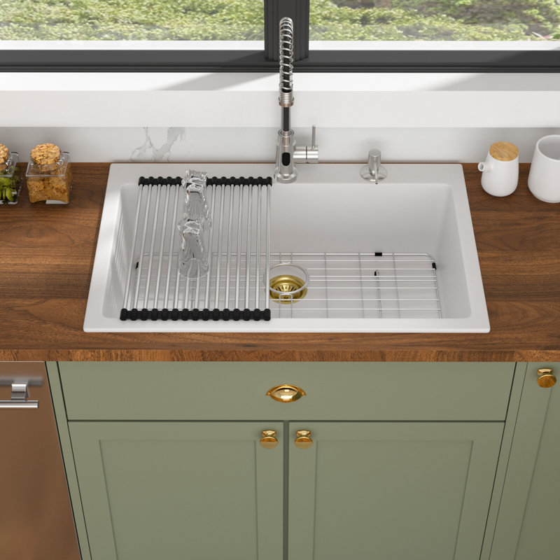 Évier de cuisine en quartz de 33 po x l 22 po à simple cuve en granite, Blanc / Doré