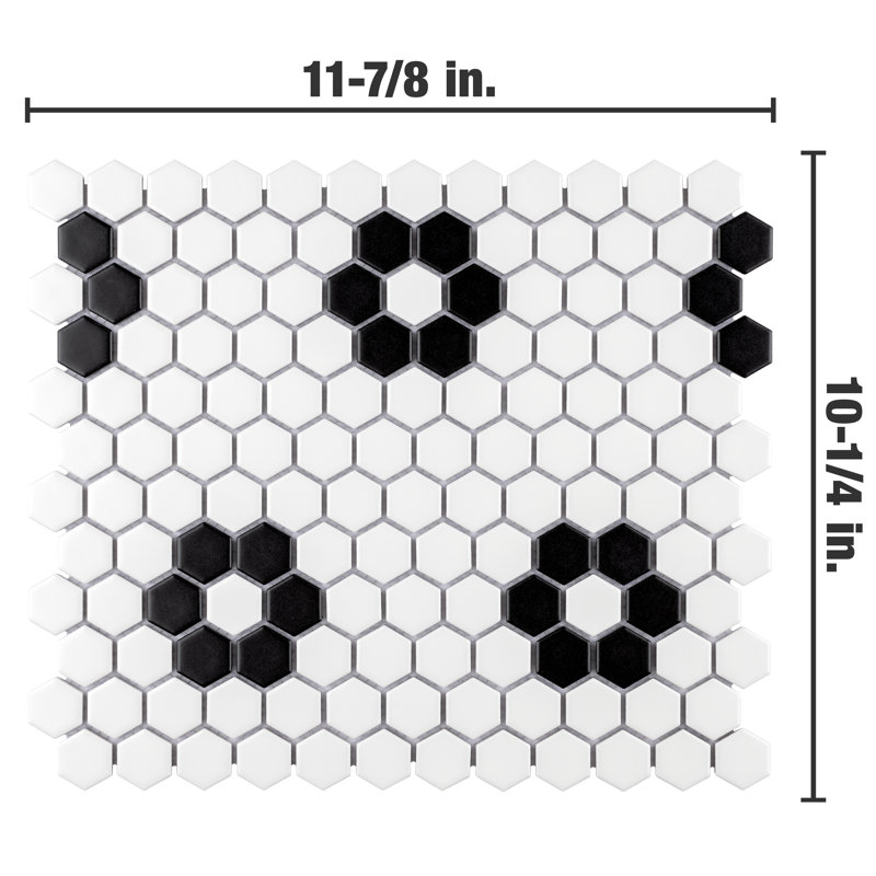 Metro 0.9" x 0.9" Hex Porcelain Honeycomb Mosaic Wall & Floor Tile, White/Black