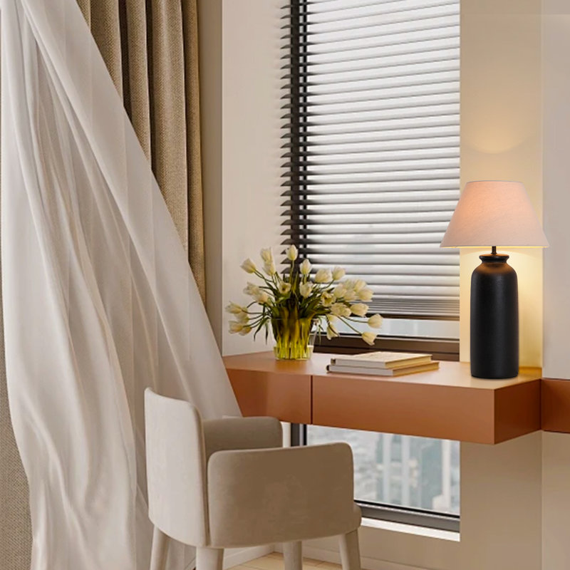  28'' Modern Ceramic Table Lamp with Black Tapered Base and Natural Linen Shade, Ideal for Bedroom Nightstands, Living Room End Tables or Study Desks