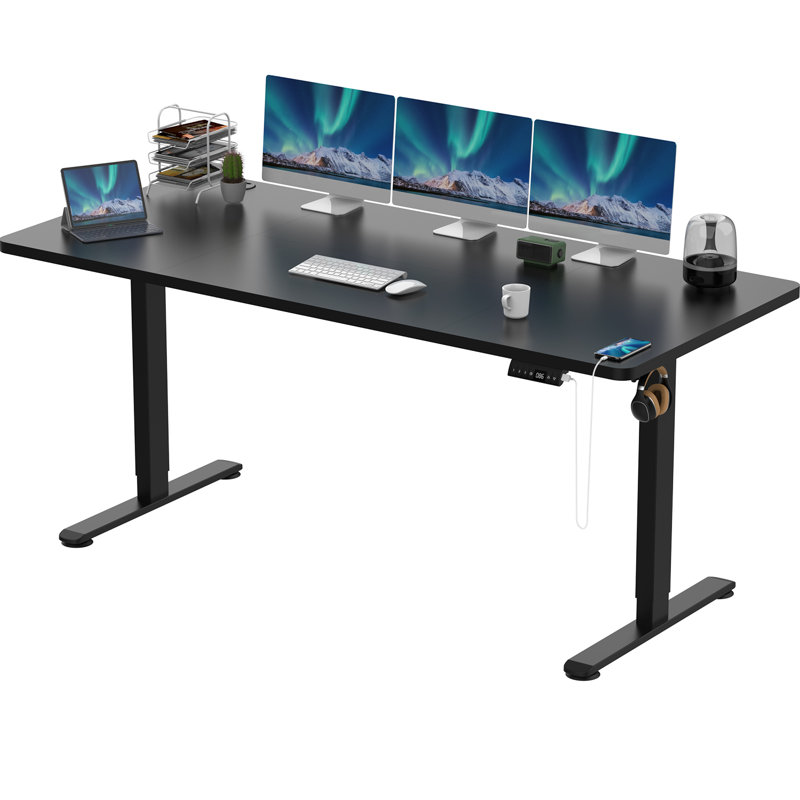 Height Adjustable T-Shaped Computer Desk Electric Standing Desk with USB Charging, Black, Black, 115cm H x 180cm W x 80cm D