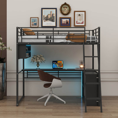 Lit mezzanine moderne en métal avec éclairage à DEL intégré, table d'étude et tablettes de rangement pour quatre