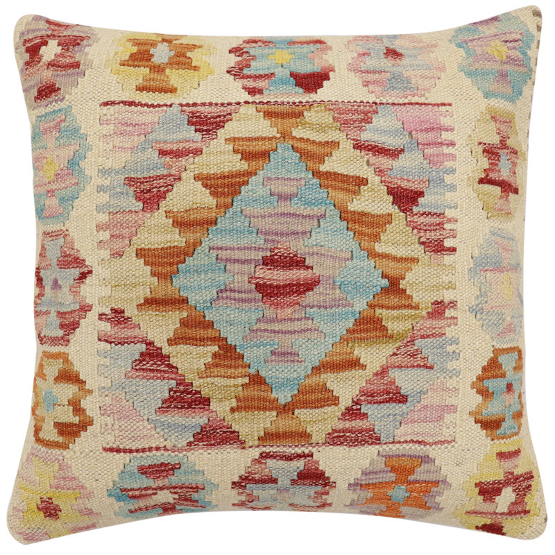 Oreiller rustique en kilim tissé à la main Caballer - 17 po x 18 po Rustic, H 17 po x l 18 po, Beige / rouille / bleu / or