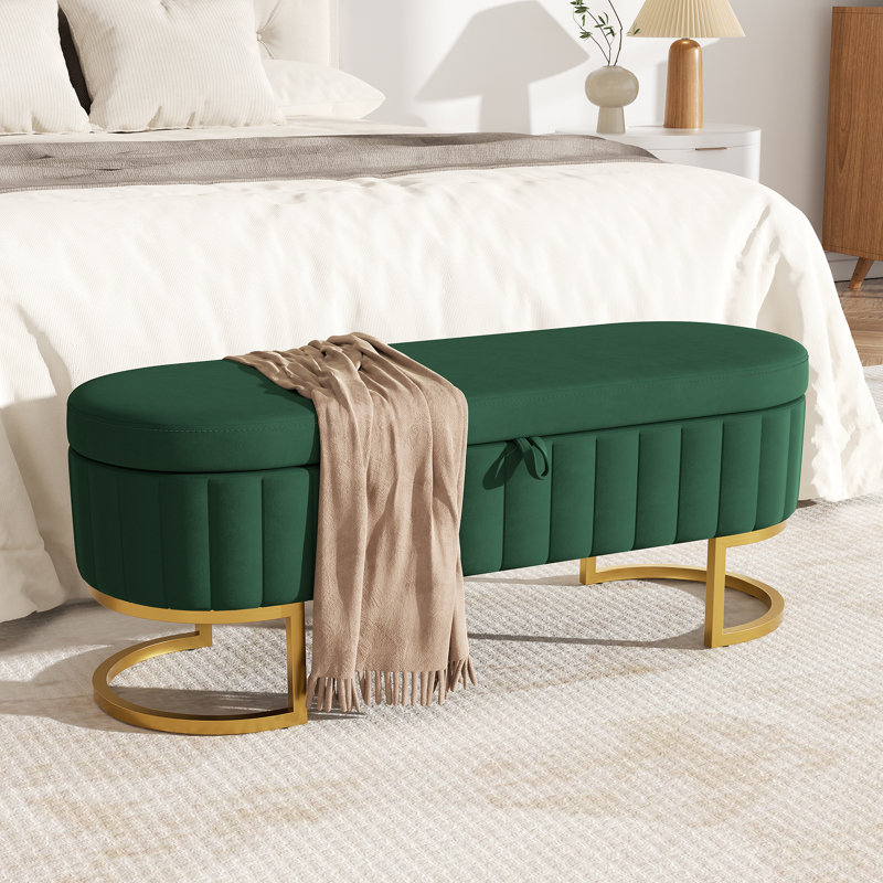 Velvet Upholstered Storage Bench with Horseshoe-Shaped Metal Legs for Living Room: Stylish and Functional Bed-End Solution