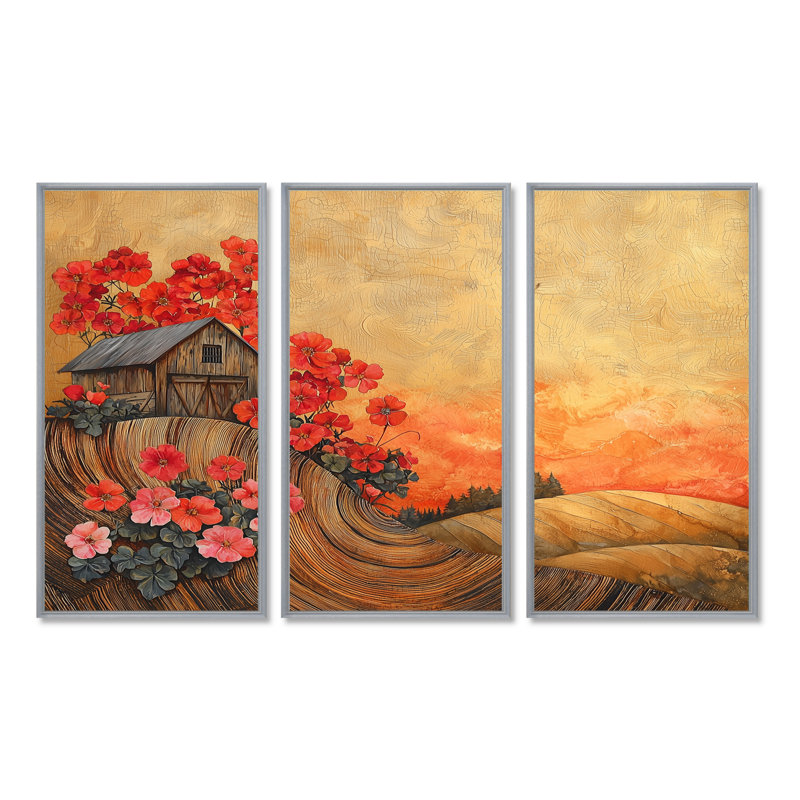«Geraniums Flowers At Barn Landscape I» - art mural géraniums - ensemble de 3, H 28 po x l 36 po, Argent argent