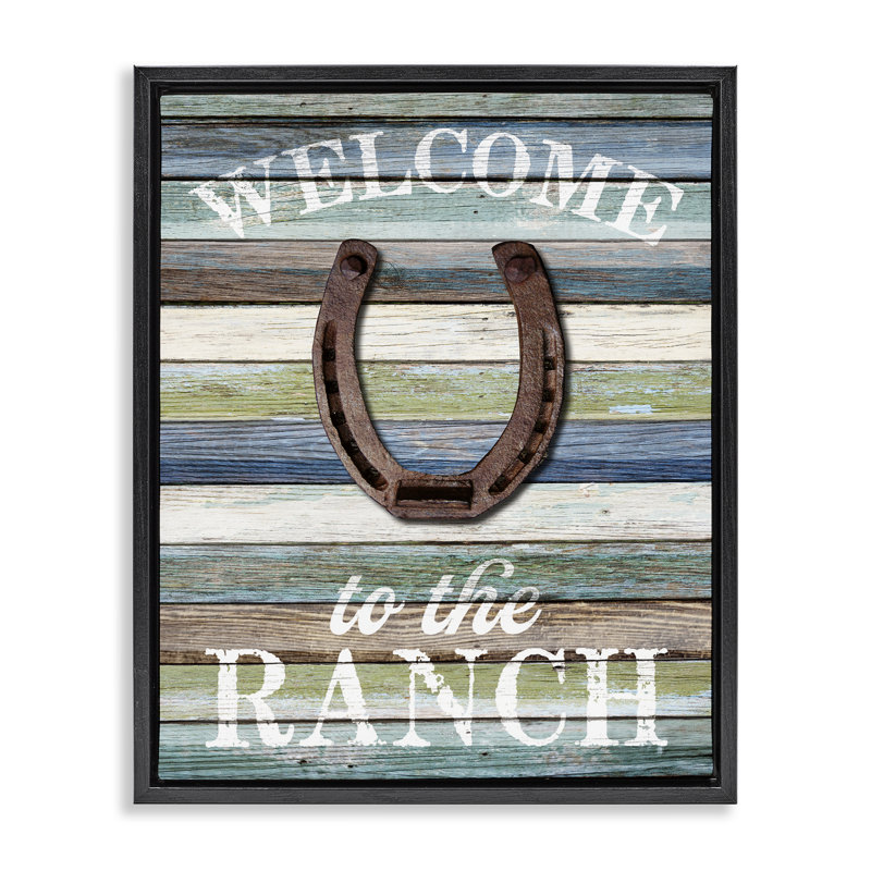 «Welcome Ranch with Horseshoe», art mural encadré flottant par Susan Arnot, Cadre flottant noir de jais, H 21 po x l 17 po