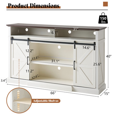  Allen 66" W Farmhouse TV Stand with Sliding Barn Door & Large Storage Shelves,White