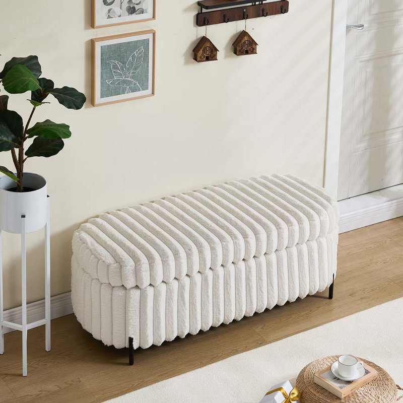 Faux Fur Flip Top Storage Bench with Black Metal Legs, Beige, 17.72" H x 49.21" W x 20.87" D