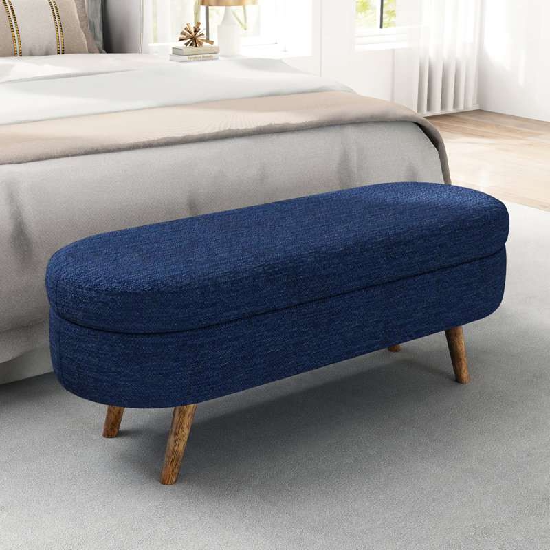 Banc de rangement ovale 43,5 po x 16 po x 16 po, teinte bleue, pieds en bois d'hévéa, fonctionnalité de tabouret ou de siège, option, assemblage facile, ornement en tissu plissé et look exotique au choix, décoration simple et rapide -