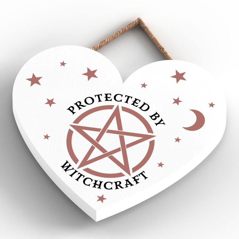 Protected by Witchcraft Wooden Heart Plaque, 10cm H x 9cm W x 0.5cm D, White