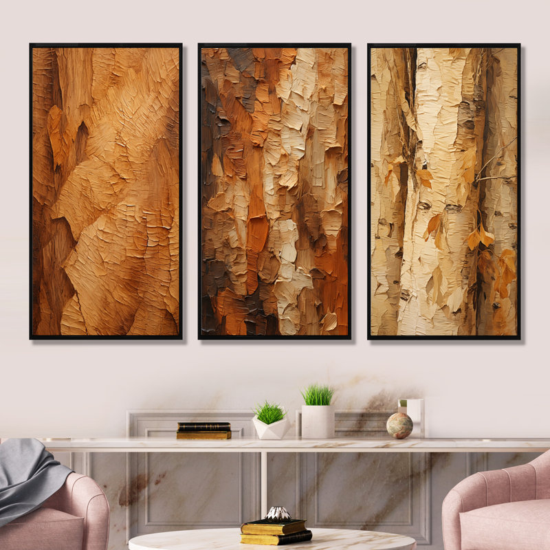 Brown Tree Bark Essence I - Ensemble de 3 décorations murales arbre, H 40 po x l 60 po, Cadre flottant noir
