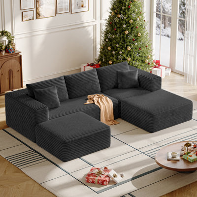 108” U Shaped Boneless Sectional Cloud Sofa Couches For Living Room, Upholstered Deep Seat Sectional Sofa With 2 Ottoman, Comfort Modular Sectional Sofa Couches For Living Room Bedroom（gray）