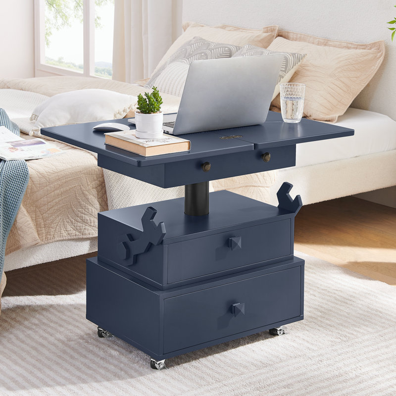 Table de bout roulante à hauteur réglable laquée ultrabrillante avec station de charge, Bleu