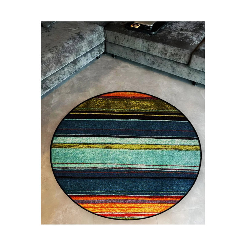 Tapis décoratif moderne à base tissée avec détails de lignes colorées, Rond 4 pi