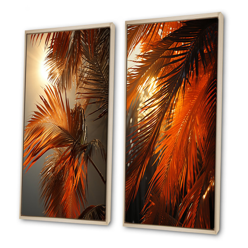 Coucher de soleil sur un palmier tropical au coucher du soleil, Cadre flottant brun, H 32 po x l 33 po