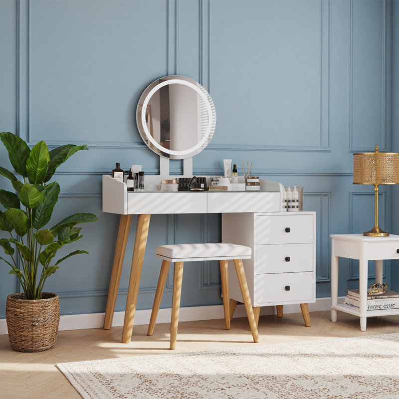 Meuble-lavabo 31 po avec miroir en verre 3 couleurs, table d'appoint coulissante, 5 tiroirs profonds, lumières alimentées par USB, tabouret en similicuir, finition blanc moderne