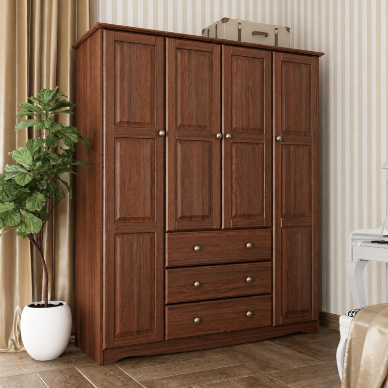 Armoire penderie 100% bois massif à 4 portes avec boutons en métal Mcclintock Musman Family, Moka