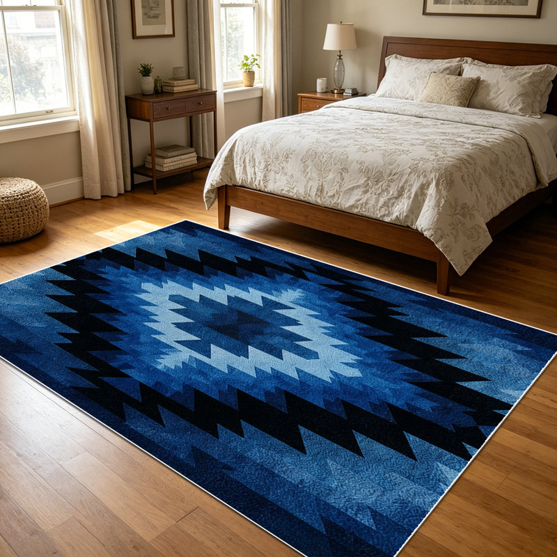 1PC Southwestern Aztec Geometric Navy Blue Tone area rugs for Living Room, Soft and Comfortable, Suitable for all seasons, easy-to-maintain, machine washable Indoor floor mat, Under Table Farmhouse suitable for dining room, bedroom, kitchen,
