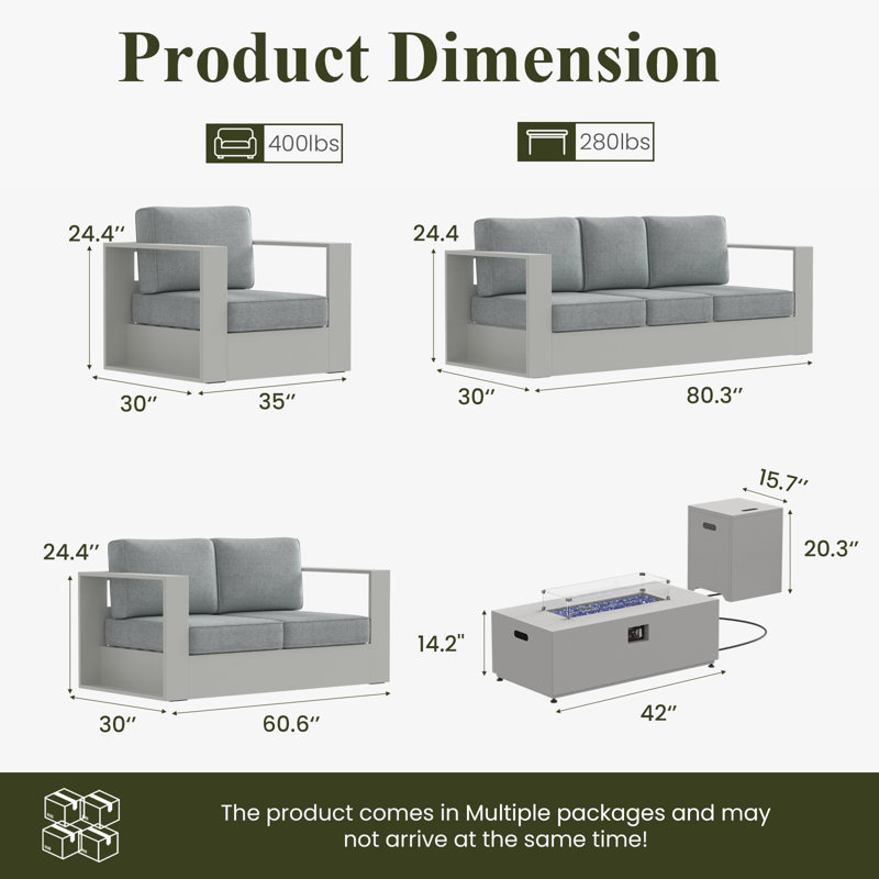 Modern Outdoor Aluminum 5-piece Conversation Set With Firepit Table, Gray Cushion/White Frame