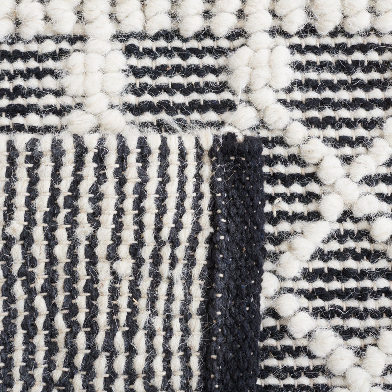 Tapis en laine / coton tissé à la main jacquard en ivoire / noir jacques, Rectangle de 5 pi x 8 pi
