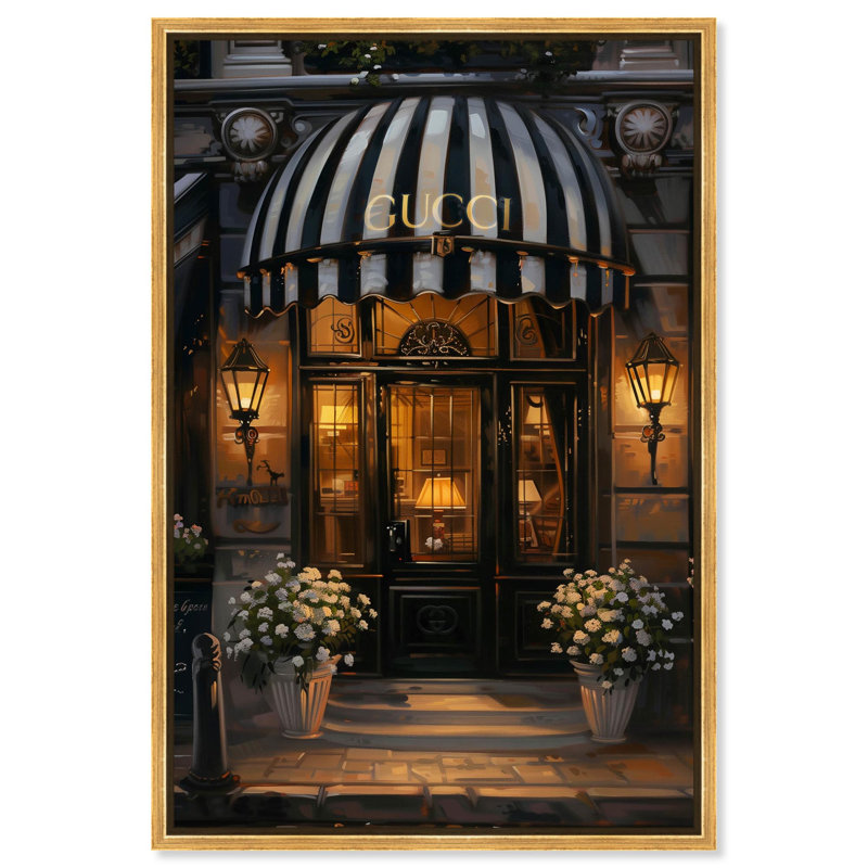«Elegant Night Time Store Store Canvas» par Art Remedy, H 46 po x l 31 po, Cadre flottant, Doré