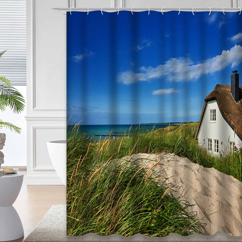 Mer, vacances, paysage, plage, maison européenne, beauté, nuages bleus, côte, espace coloré avec 12 crochets