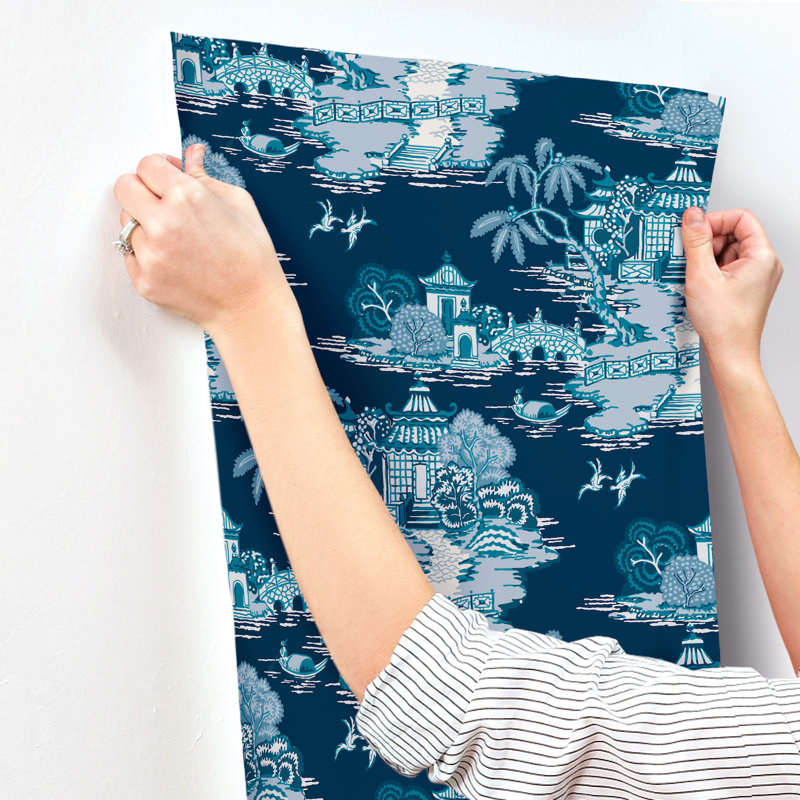 Pagoda And Sampan Scenic Vinyl Wallpaper Roll, Navy