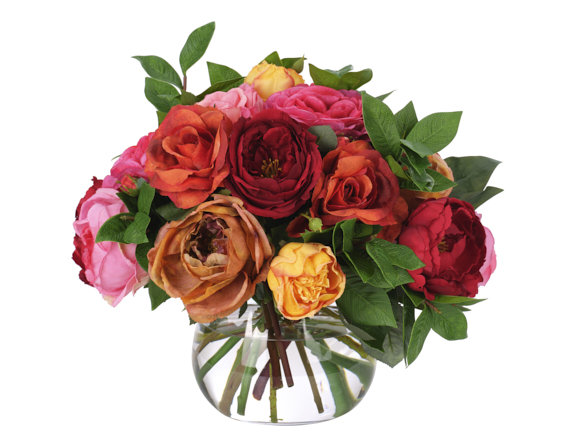Pivoine rose, orange rose, l 16 x P 15 x H 13
