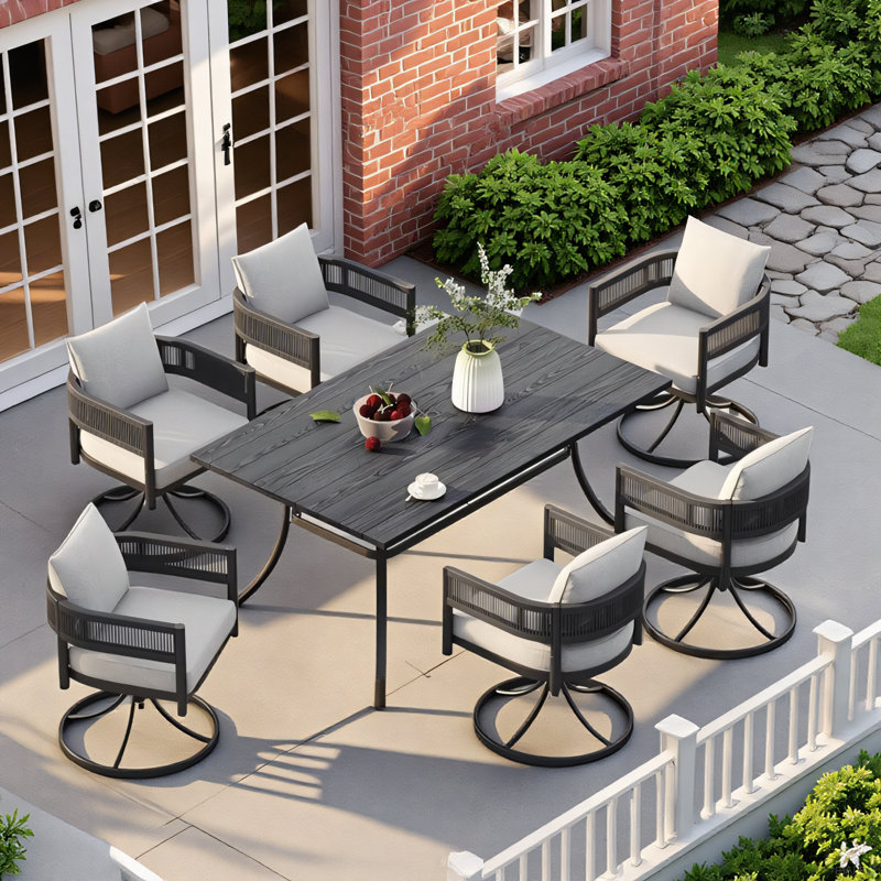 7-Pieces Wicker Steel Dining Sets, Gray/Black