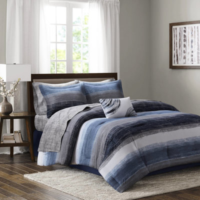 9 Piece Queen Comforter With Navy Watercolor Striped Microfiber Cotton Bed Sheets Matching Shams Skirt Decorative Pillow Flexible Stripe Print Outstanding