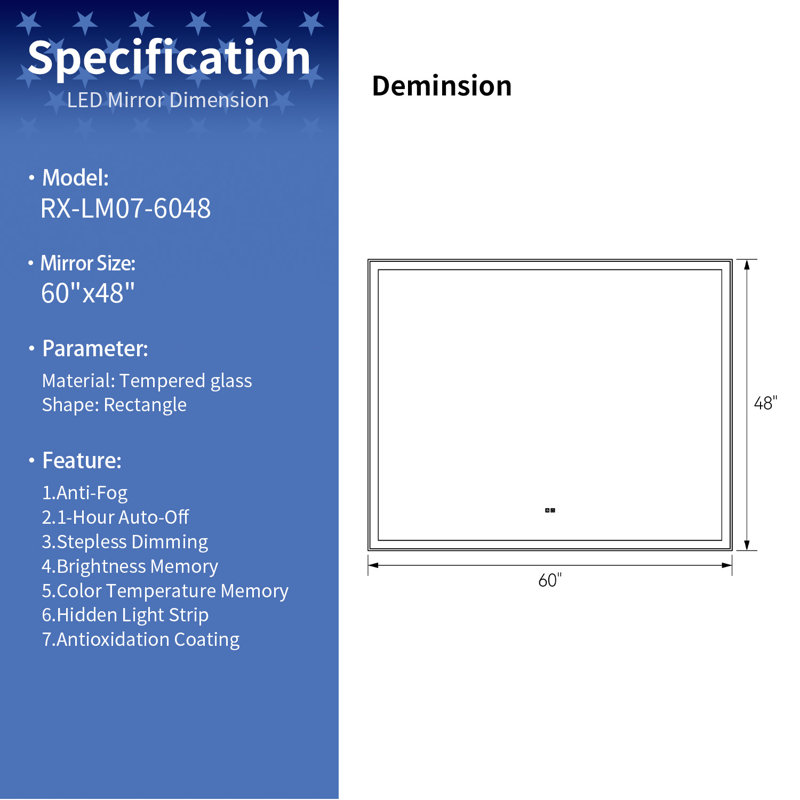 Miroir de salle de bain 60 po x 48 po à DEL avec anti-buée, 3 températures de couleur, gradation continue, mémoire et étanche IP44