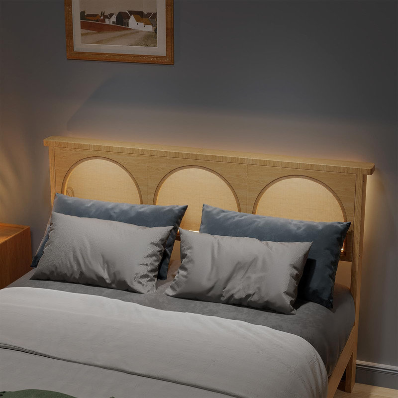Grand lit plateforme en rotin avec lumières DEL, sans sommier, cadre en bois bohème, Grand lit