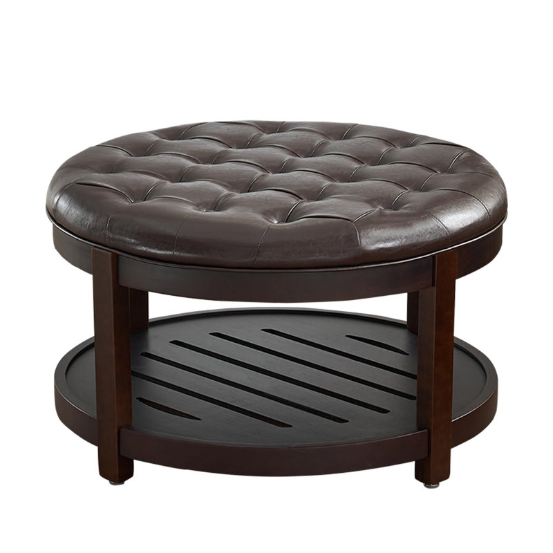 Farmhouse Upholstered Storage Tufted Ottoman with Free Tray, Dark Brown Faux Leather
