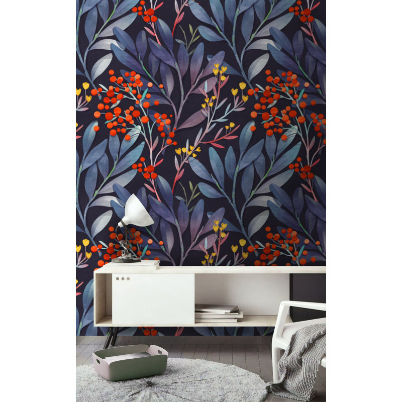 Papier peint amovible avec branches brunes foncées et feuilles mauves, L 75 po x l 112 po