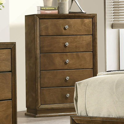 Mobilier de chambre à coucher style transitionnel 1 pièce avec 5 tiroirs en queue d'aronde et boutons en métal finition noyer