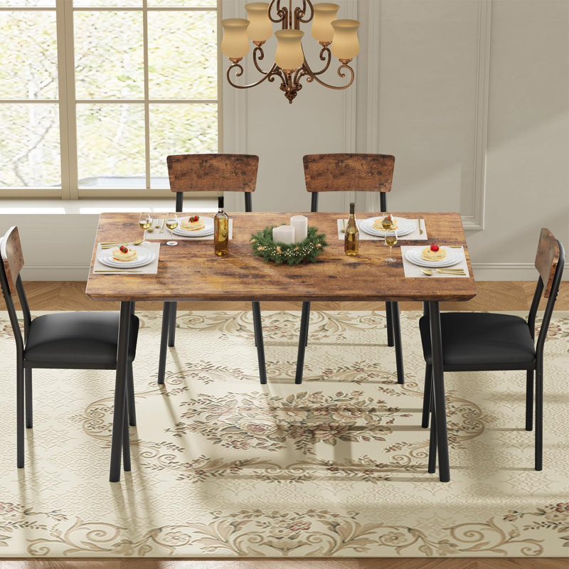 Dining Table Set for 4 with Upholstered Chairs Beveled Edge Kitchen Table and Chair Set Space Saving Dining Room Furniture for Apartment Kitchen