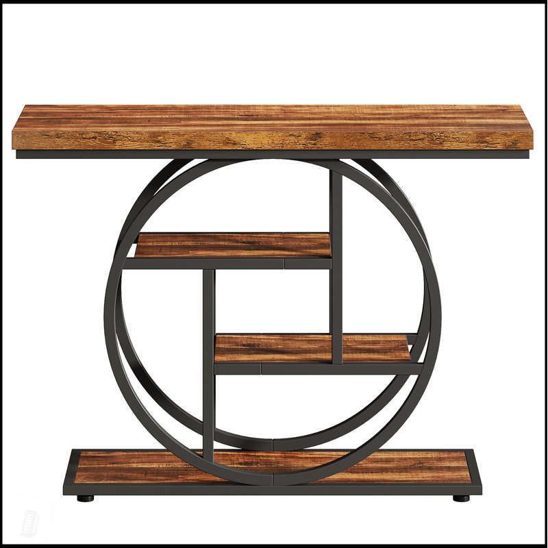 Console industrielle de 41,3 pouces avec 4 tablettes de rangement à 4 niveaux, structure en métal circulaire unique pour les entrées et les salons modernes