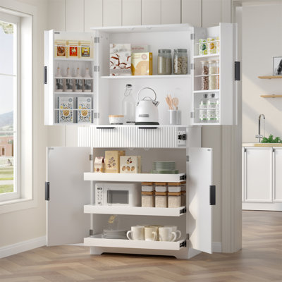 72" Fluted Kitchen Pantry Cabinet With 3 Keyboard Drawers & 6 Door Shelves Adjustable