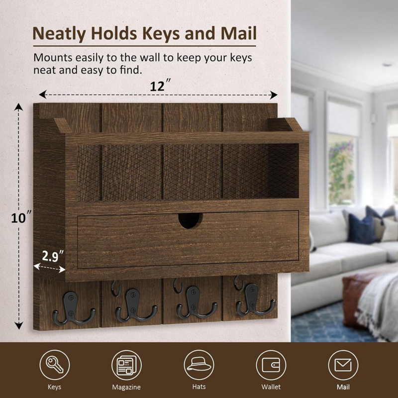 Wood Wall Organizer with Mail Storage