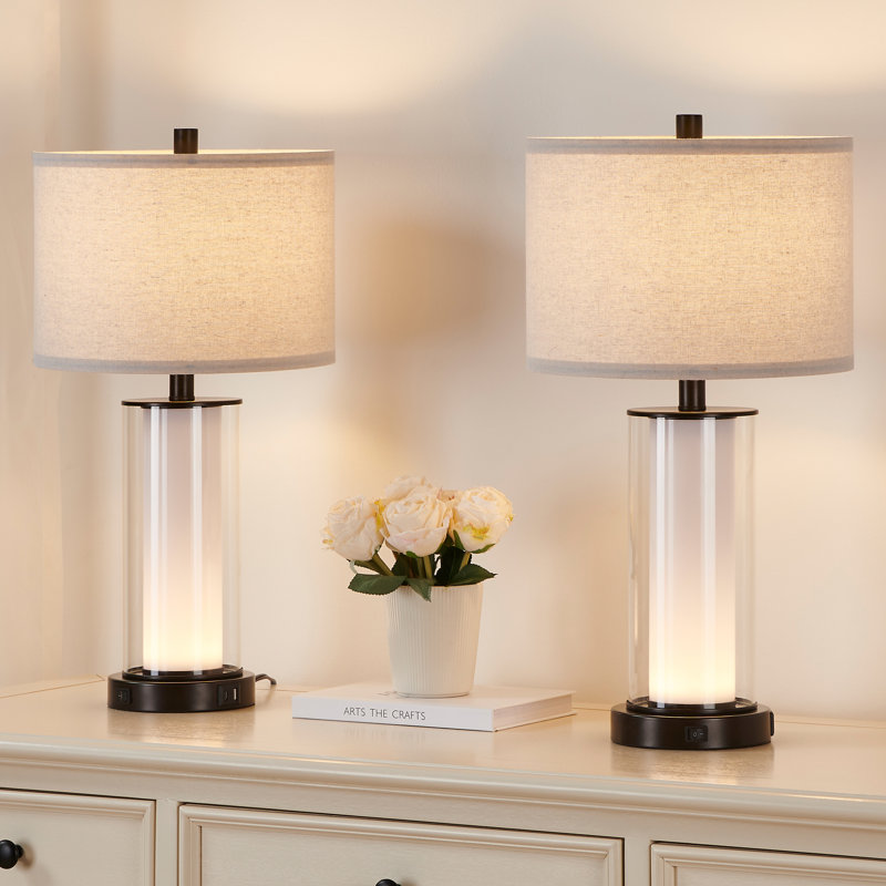 23.25'' Glass USB Table Lamp Set With Built-in Night Light