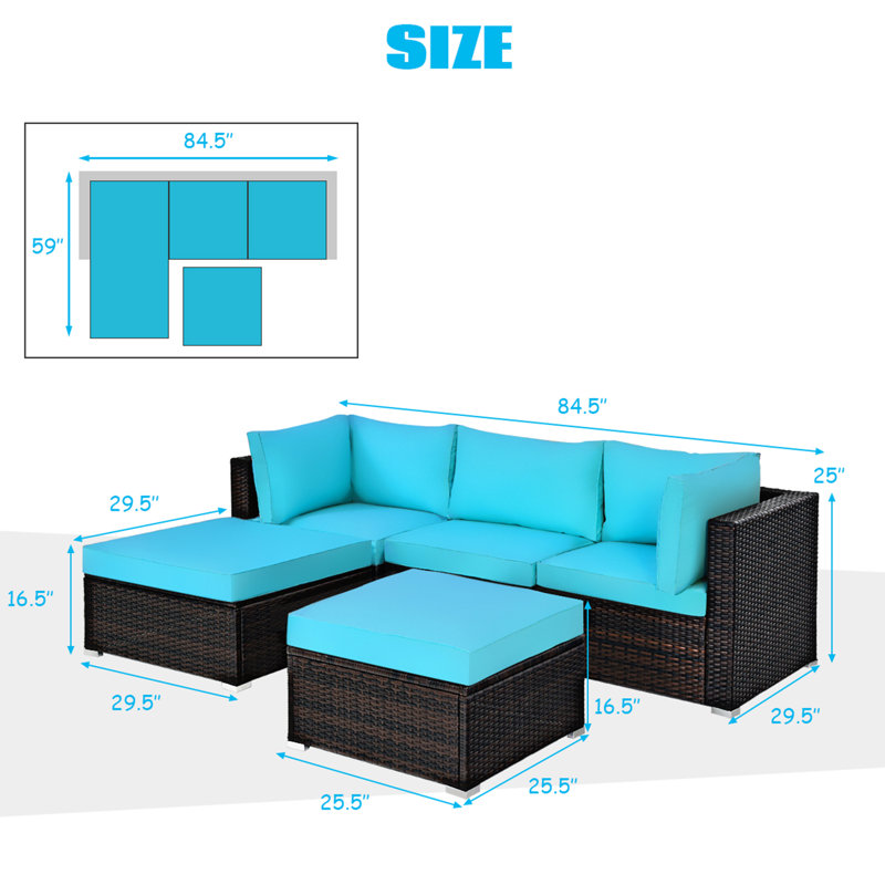 Ensemble de conversation modulaire en rotin 3 pièces avec coussins Awar, Turquoise