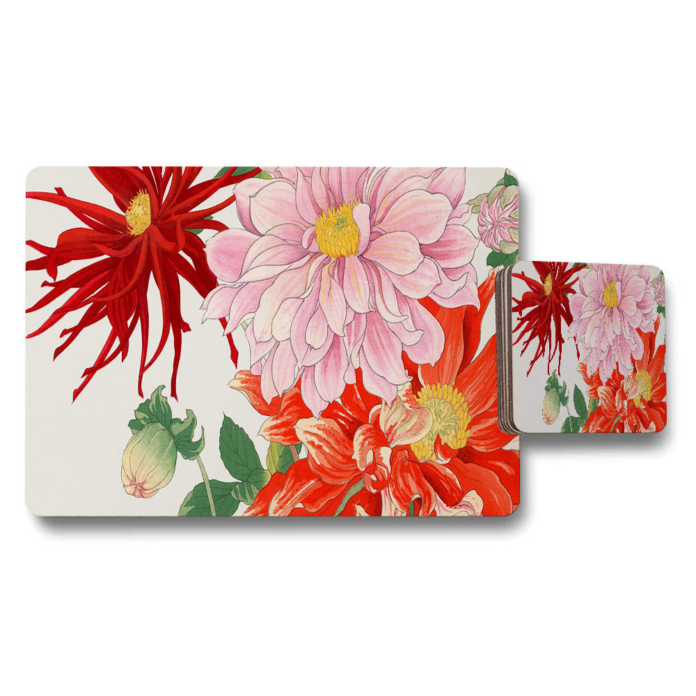 Floral Placemat And Coaster Set With Vibrant Red Pink Flowers