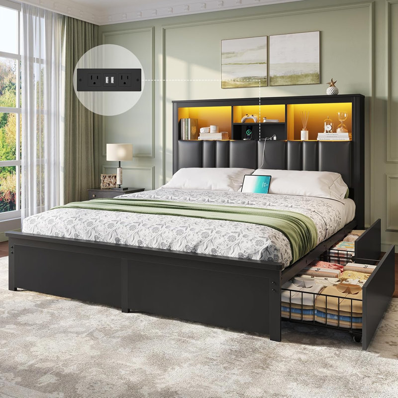 Queen-size Bed Frame With Charging Station And Led Lights, Platform Bed, Leather-upholstered Headboard With Storage Space, Metal Slat Support, Springless Mattress, Quiet Operation, Black