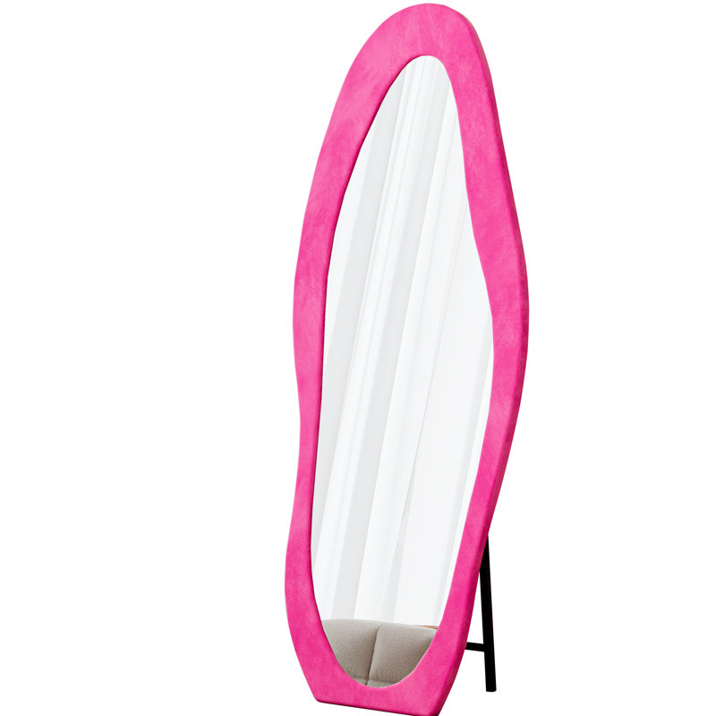Miroir de plancher pleine longueur 63 po x 24 po, cadre enveloppé de flanelle, empreinte irrégulière unique, rose rose, utilisation multifonctionnelle sécuritaire, ondulé, incassable, rose