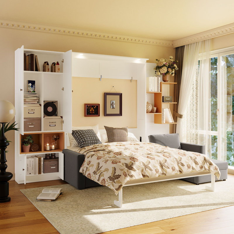Grand lit escamotable avec grand canapé, tablettes et armoires de rangement, lit mural moderne à faible encombrement avec deux lumières - canapé blanc et gris