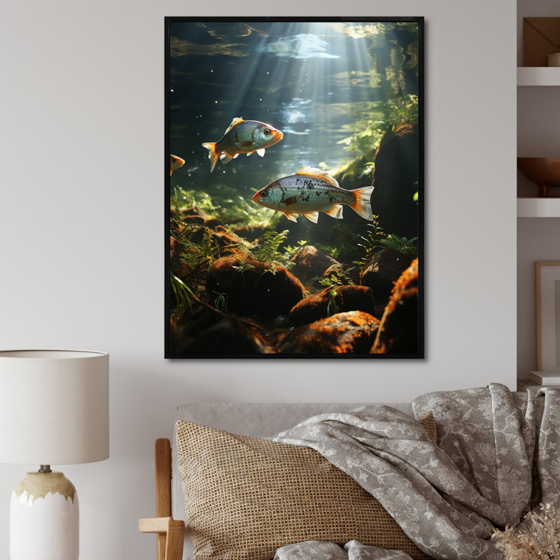 Hiromu " Fishing Rustic River I ", 44" H x 34" W x 1.5" D, Black Floater Framed