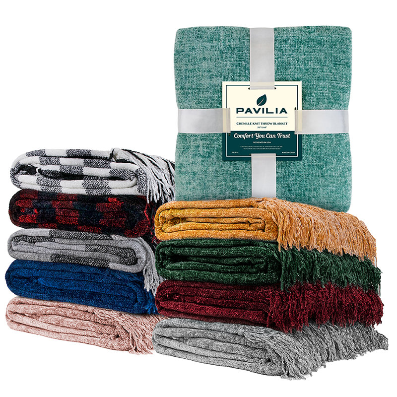 Burgundy Red Chenille Knitted Throw Blanket with Tassel Fringe