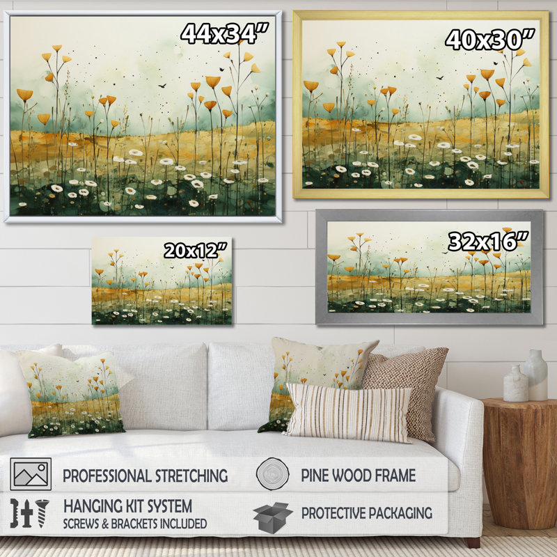 «Whispering Meadows I», art mural abstrait sur toile, Cadre simple noir, H 30 po x l 40 po x P 1,5 po