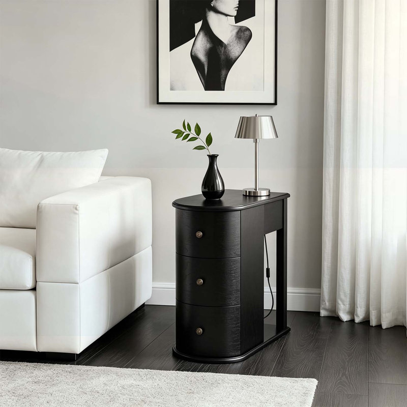 Table de bout moderne avec porte-gobelet caché, 2 tiroirs de rangement, station de charge, pour chambre à coucher et salon