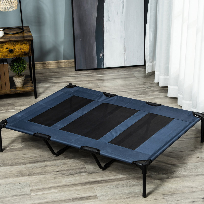 Lit surélevé pour animal de compagnie, 48 po x 36 po, bleu foncé respirant pour un sommeil réparateur 48 po x 36 po surélevé avec cadre en métal pour une utilisation intérieure et extérieure