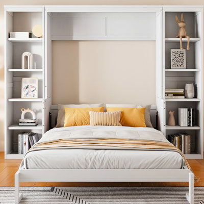 Lit double avec bureau et bibliothèque en blanc